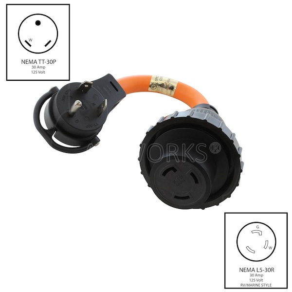 Ac Works 1ft RV 30A TT-30P Plug to L5-30R RV/Marine 30A Detachable Inlet Connection Cord - RVTTM30-012