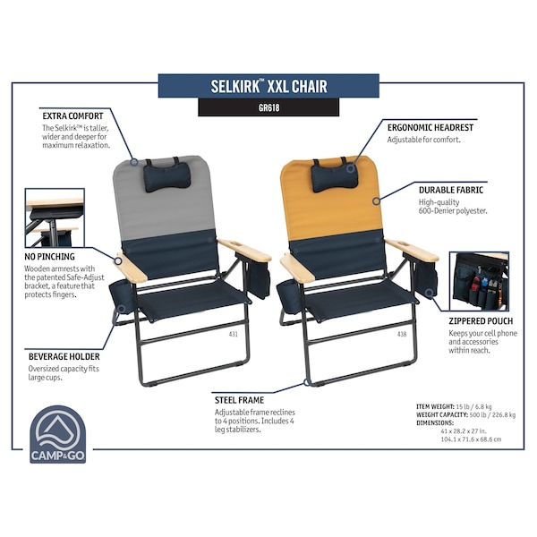 Camp & Go Selkirk Outdoor Oversized Heavy Duty Comfort Folding Camping Chair, Orange and Navy - GR618-438-1