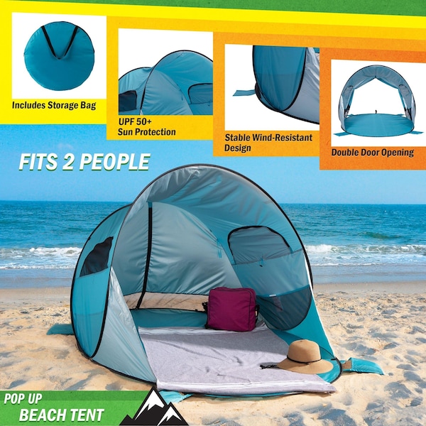 Wakeman Pop Up Beach Tent - Fits 2-3 People - Sun Shelter with UV Protection, Ventilation by Blue - 75-CMP1106