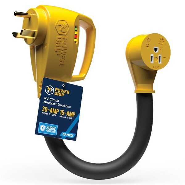 Camco Power Grip RV 12in 30Amp Circuit Analyzer Dogbone - Integrated Surge Protection - 55461