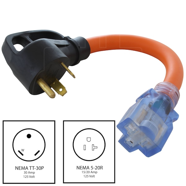 Ac Works 1ft RV 30A TT-30P Plug to 5-20R 15/ 20A Household Outlet with Power Indicator - RVTT520-012