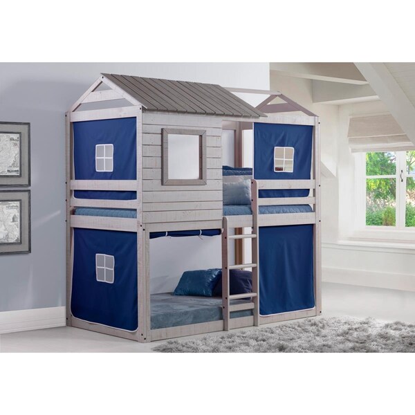 Donco Kids PD-1370TTLG-B Deer Blind Twin Over Twin Bunk Loft with Blue Tent - Light Gray - PD_1370TTLG_B