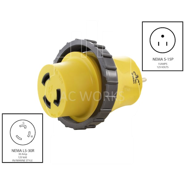 Ac Works Household Adapter 15A Plug to 30A RV/Marine L5-30R Female Connector - RV515ML530