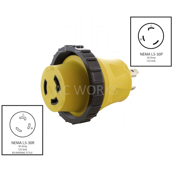 Ac Works RV/Marine 30A 3-Prong Locking Plug to 30A RV/Marine L5-30R Female Connector - RVL530M30