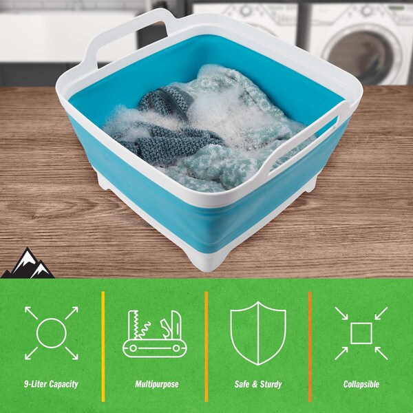 Wakeman Collapsible Wash Basin - 9L Portable Sink with Drain for Camping by Wakeman Blue - 75-CMP1159