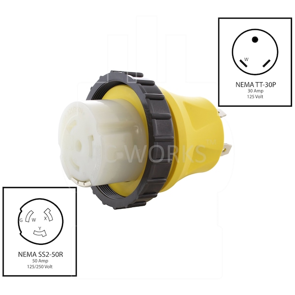 Ac Works RV 30A TT-30P Plug to SS2-50R RV/Marine 50A Detachable Inlet Connection - RVTTM50