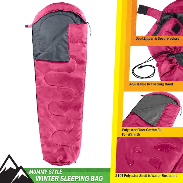 Wakeman Mummy Sleeping Bag - Cold Weather Waterproof Sleeping Bag Rated to 10 Degrees F by Wakeman Pink - 75-CMP1165