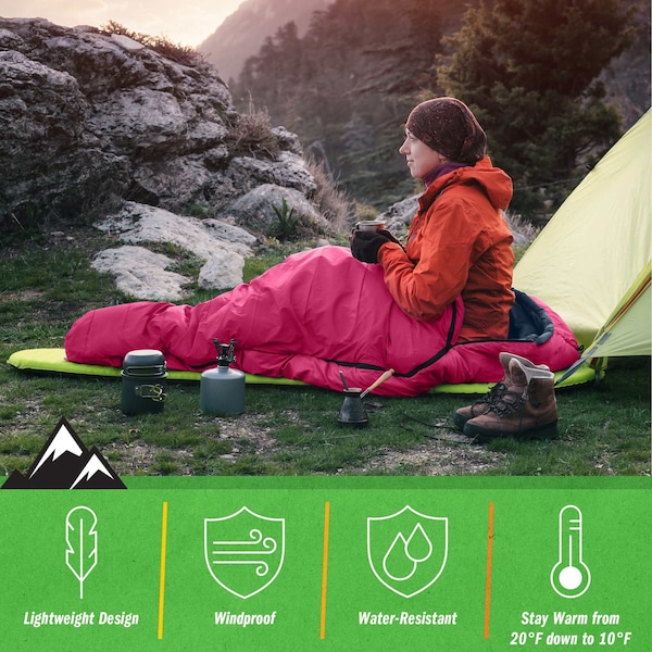 Wakeman Mummy Sleeping Bag - Cold Weather Waterproof Sleeping Bag Rated to 10 Degrees F by Wakeman Pink - 75-CMP1165
