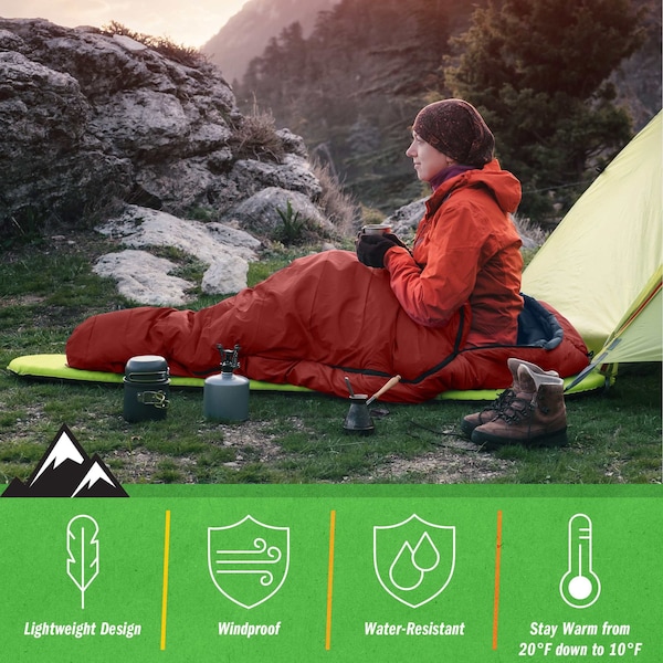 Wakeman Mummy Sleeping Bag - Cold Weather Waterproof Sleeping Bag Rated to 10 Degrees F by Wakeman Red - 75-CMP1164