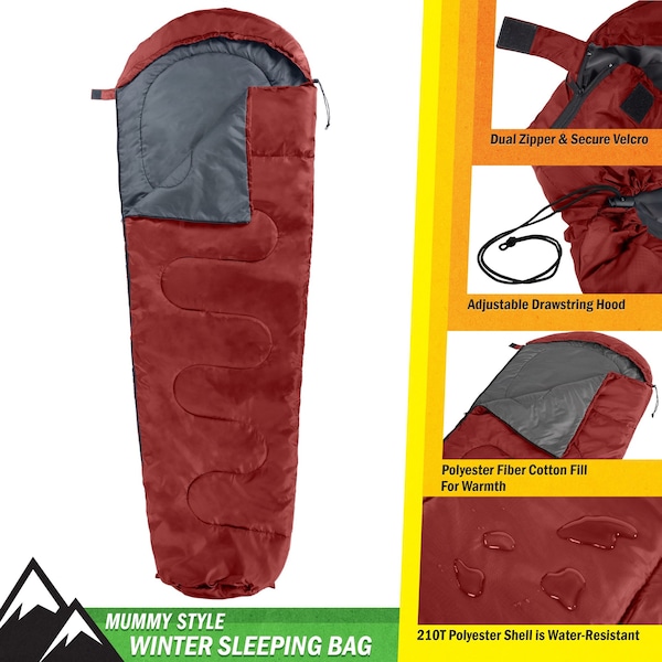 Wakeman Mummy Sleeping Bag - Cold Weather Waterproof Sleeping Bag Rated to 10 Degrees F by Wakeman Red - 75-CMP1164