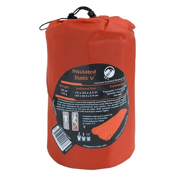 Klymit Insulated Static V Sleeping Pad, 72 in L, 23 in W, 75D Polyester, Orange - 06IVOR02C