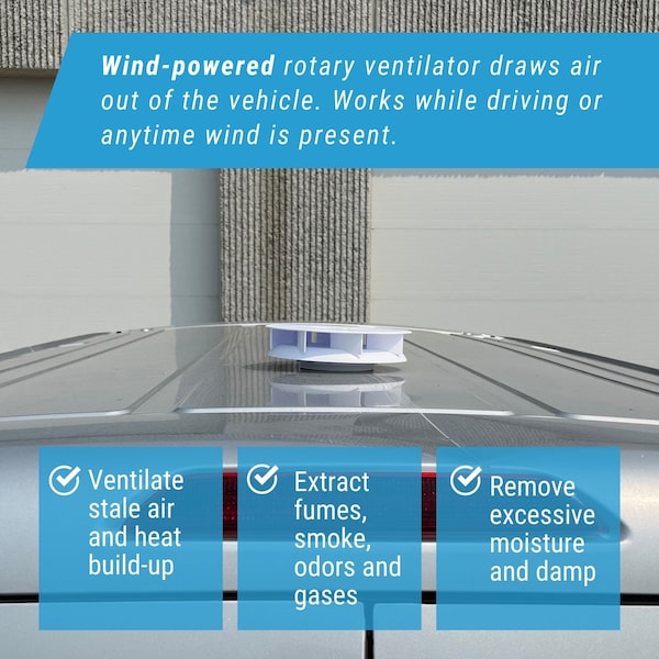 Ava-Matic Slim-Matic Wind-Powered Rotating Roof Vent Fan for Vans, RVs, Trailers, Campers, White, Round Shutter - AVA5220