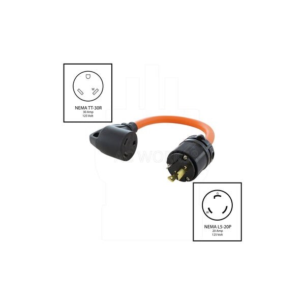 Ac Works 1.5FT L5-20P 20A Locking Plug to 30A RV Generator Adapter - RVL520TT-018