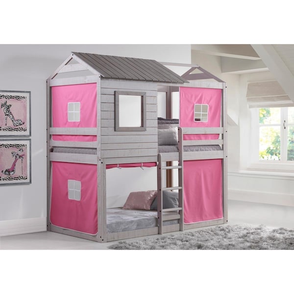 Donco Kids PD-1370TTLG-P Deer Blind Twin Over Twin Bunk Loft with Pink Tent - Light Gray - PD_1370TTLG_P