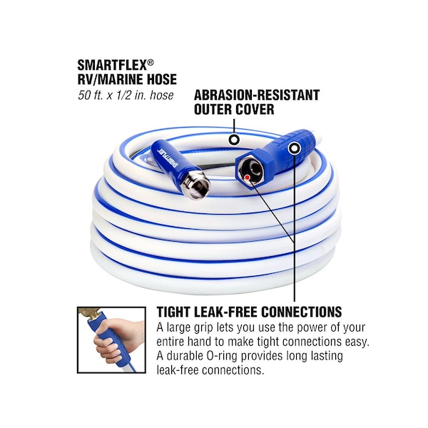 Smartflex RV/Marine Hose, 1/2in x 50ft, 3/4in - 11 1/2 GHT Fittings - HSFRV450