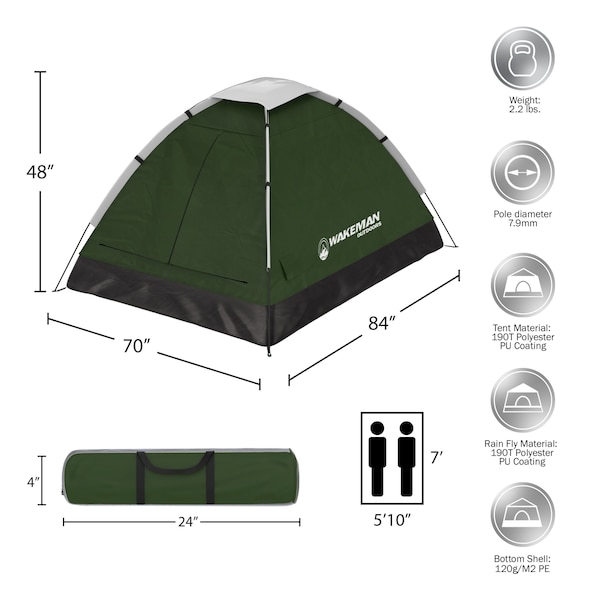 Wakeman 2 Person Camping Tent with Rain Fly and Bag - Lightweight Outdoor Tent by Outdoors Green - 75-CMP1082