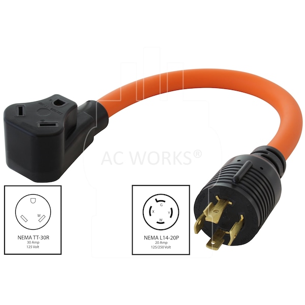 Ac Works 1.5FT L14-20P 20A 4-Prong Locking Plug to 30A RV Generator Adapter - RVL1420TT-018