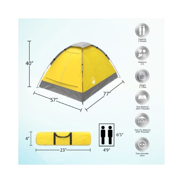 Leisure Sports 2-Person Dome Tent, Rain Fly, Carry Bag, Easy Set Up for Camping, Backpacking, Hiking  (Yellow) - 257674QKM