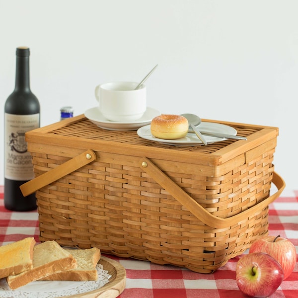 Vintiquewise Woodchip Picnic Storage Basket with Cover and Movable Handles, Large - QI004013.L
