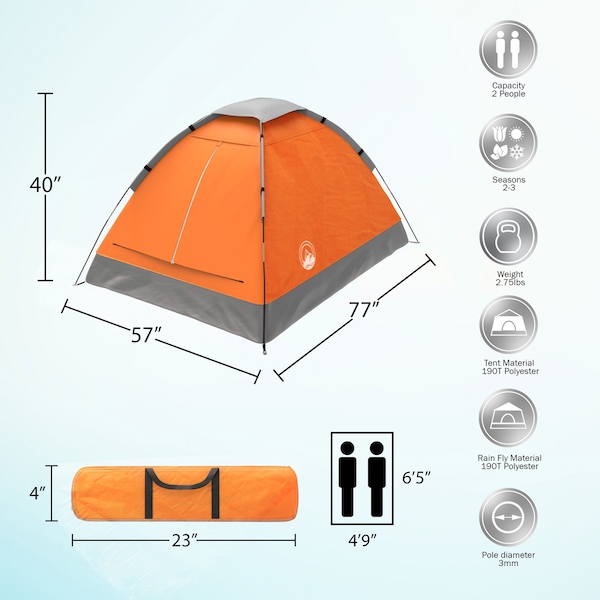 Wakeman 2 Person Camping Tent with Carrying Bag - Lightweight Outdoor Tent by Outdoors Orange - 75-CMP1081