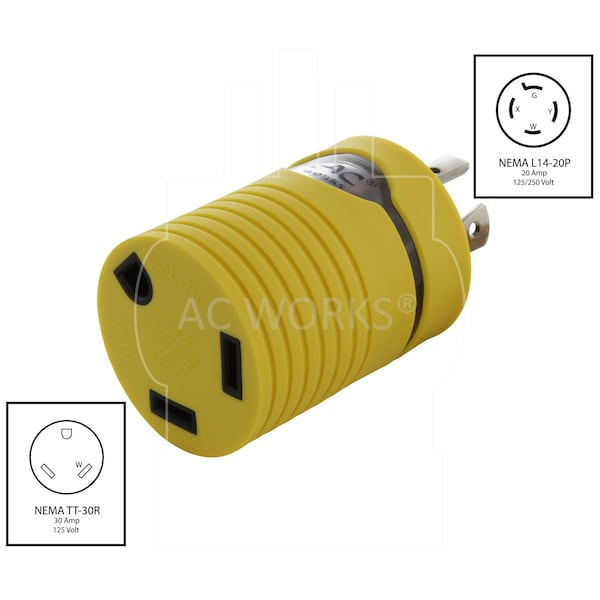 Ac Works RV Generator Adapter 4-Prong L14-20P Locking Plug to RV TT-30 RV 30A Connector - RVL1420TT