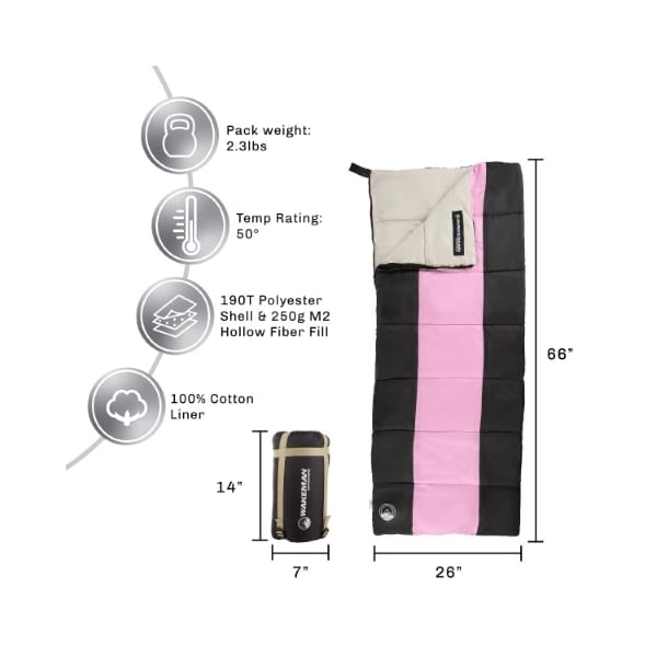 Leisure Sports Sleeping Bag, Lightweight, Carrying Bag with Compression Straps for Camping, Pink/Black, Kids - 327814SOK