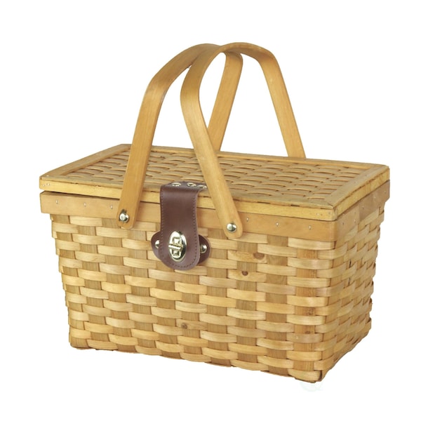 Vintiquewise Gingham Lined Woodchip Picnic Basket With Lid and Movable Handles - QI003624