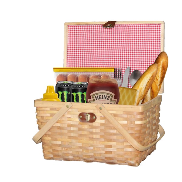 Vintiquewise Gingham Lined Woodchip Picnic Basket With Lid and Movable Handles - QI003624
