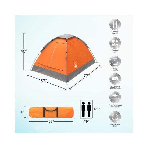Leisure Sports 2-Person Dome Tent, Rain Fly, Carry Bag, Easy Set Up for Camping, Backpacking, Hiking  (Orange) - 814178LRC