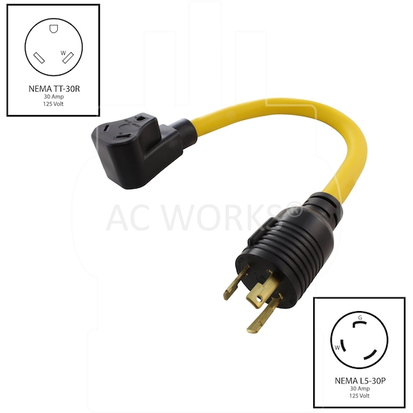 Ac Works 1.5FT L5-30P 30A Locking Plug to 30A RV Generator Adapter - RVL530TT-018