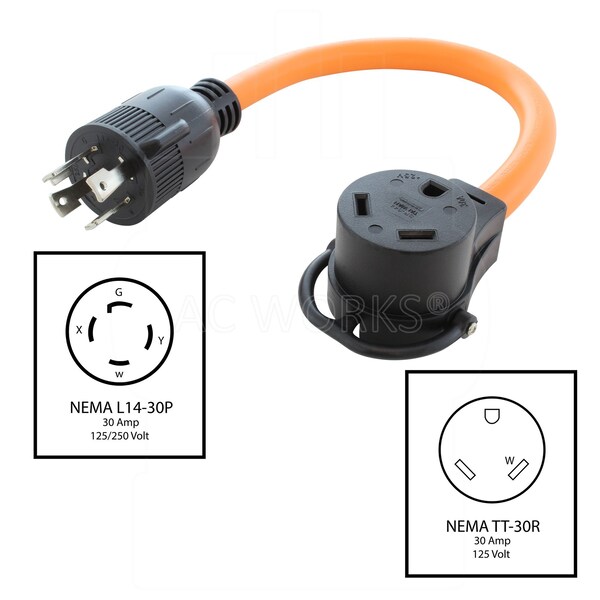 Ac Works 1.5FT L14-30P 30A 4-Prong Locking Plug to 30A RV Generator Adapter - RVL1430TT-018
