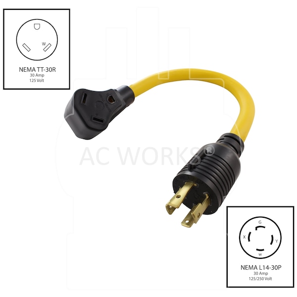 Ac Works 1.5FT L14-30P 30A 4-Prong Locking Plug to 30A RV Generator Adapter - RVL1430TT-018