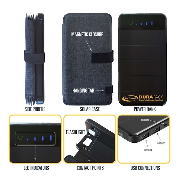 Go Power! DuraPACK Portable Solar Battery Pack with USB Ports, 8 Watt - GP-DURAPACK-8W