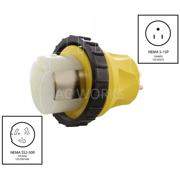 Ac Works Adapter Regular Household 15A Plug to 50A RV/Marine Locking Female Connector - RV515SS2