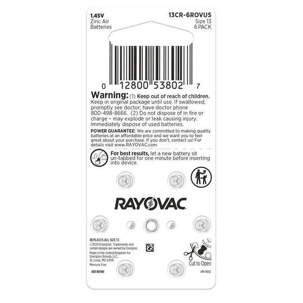 Rayovac RV HRNG AID BTRY 13, 6PK - 13CR-6ROVUS