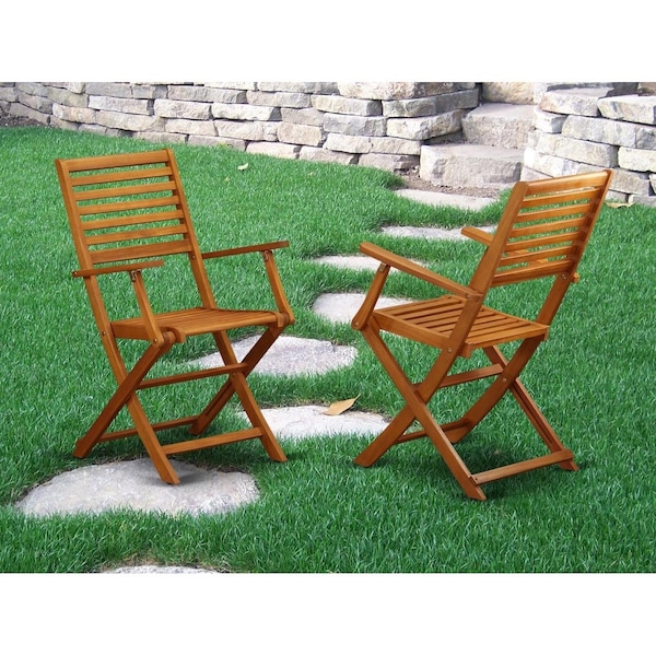 East West Furniture Beasley Solid Acacia Wood Outside Patio Folding Chair with Arm Rest, 2PK - BBSCANA