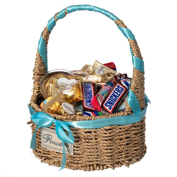 Wickerwise Small Seagrass Wicker Picnic Basket with Handle - Versatile Gift Basket with Blue Ribbon for New - QI004720