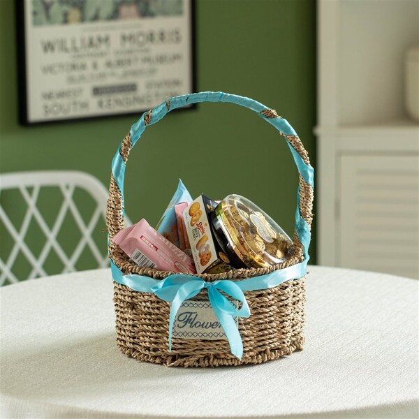 Wickerwise Small Seagrass Wicker Picnic Basket with Handle - Versatile Gift Basket with Blue Ribbon for New - QI004720