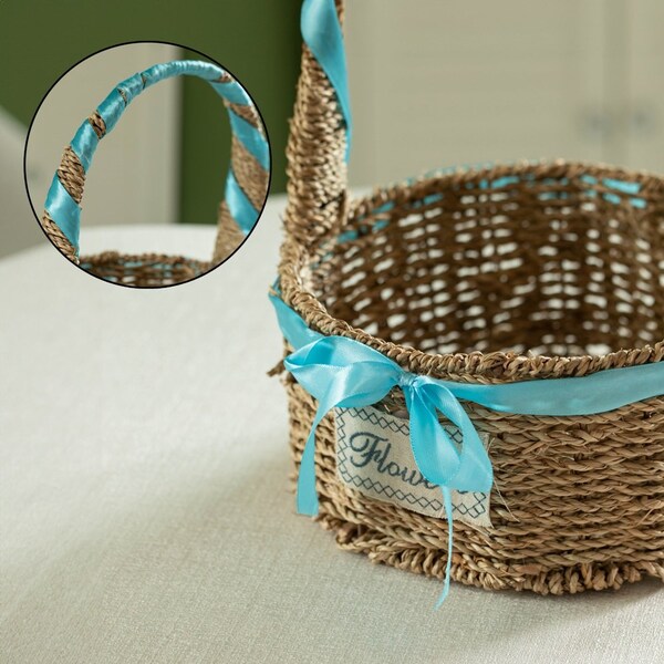 Wickerwise Small Seagrass Wicker Picnic Basket with Handle - Versatile Gift Basket with Blue Ribbon for New - QI004720