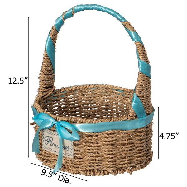 Wickerwise Small Seagrass Wicker Picnic Basket with Handle - Versatile Gift Basket with Blue Ribbon for New - QI004720