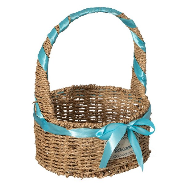 Wickerwise Small Seagrass Wicker Picnic Basket with Handle - Versatile Gift Basket with Blue Ribbon for New - QI004720