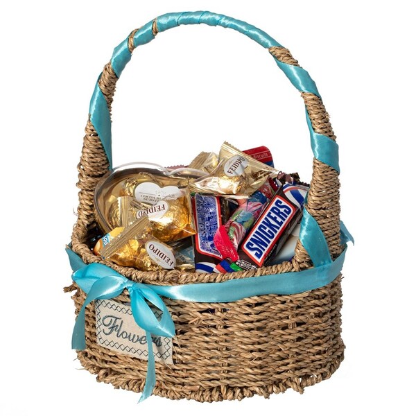Wickerwise Small Seagrass Wicker Picnic Basket with Handle - Versatile Gift Basket with Blue Ribbon for New - QI004720