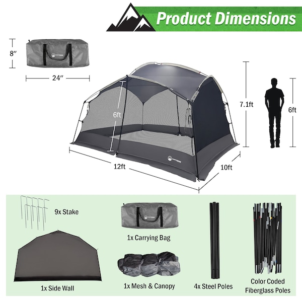 Wakeman Pop Up Canopy Screen Tent - 12x10 Gazebo Shelter with Mosquito Net by Gray - 75-CMP1150
