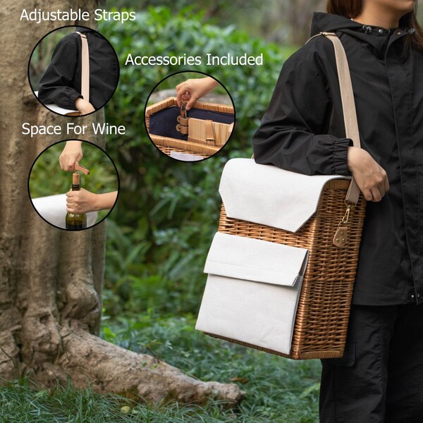 Wickerwise Wine & Cheese Picnic Basket - Wicker Tote Bag for Outdoor Parties, Camping, Travel & - QI004771