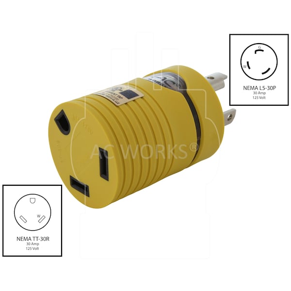 Ac Works RV Generator Adapter L5-30P 30A 3-Prong Locking Plug to RV 30A TT-30R adapter - RVL530TT
