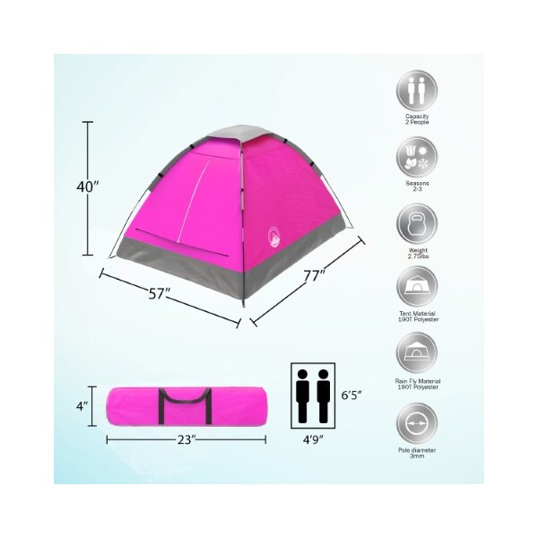 Leisure Sports 2-Person Dome Tent, Rain Fly and Carry Bag, Easy Set Up for Camping, Backpacking, Hiking (Pink) - 248158AXH