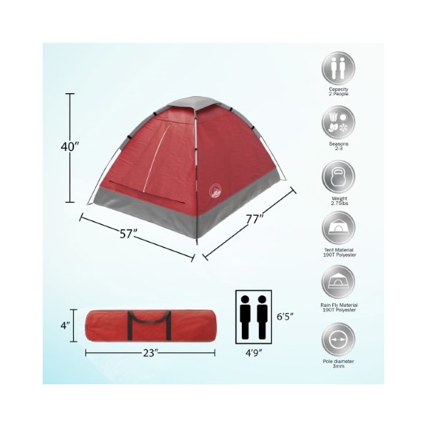 Leisure Sports Leisure Sports 2-Person Dome Tent, Ultralight for Camping, Dual Doors and Rain Fly, Red - 485219WBX