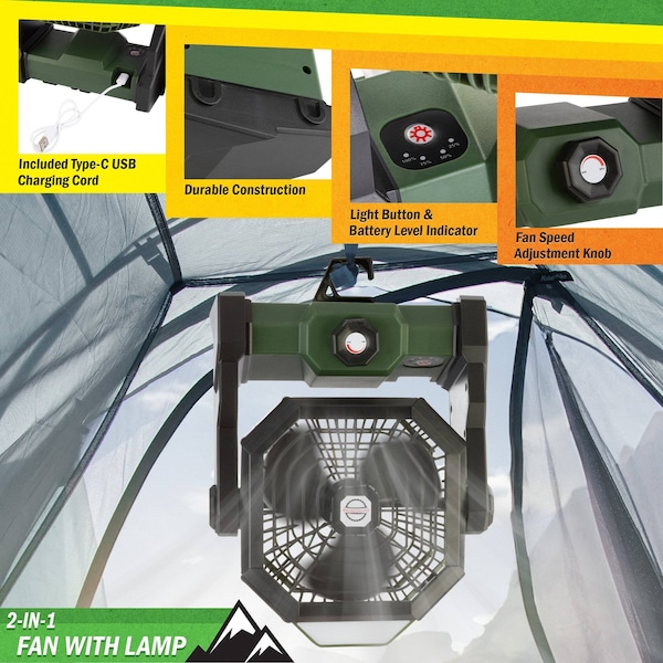Wakeman Camping Fan with Tent Light - 5400mAh Rechargeable Portable Fan with Light by Wakeman Green - 75-CMP1135