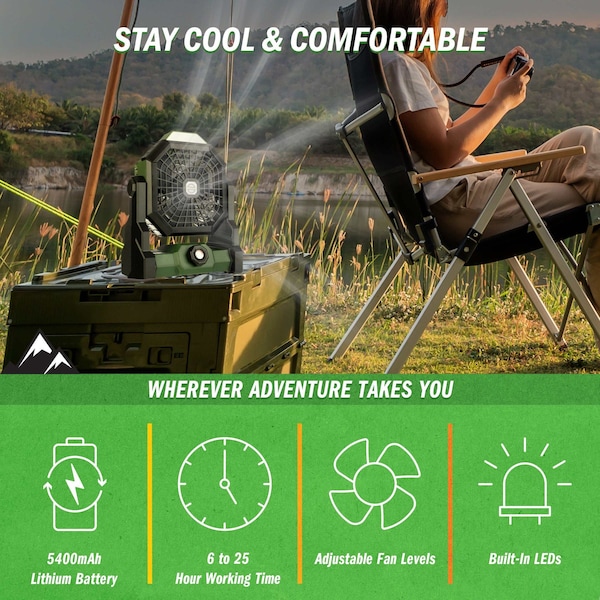 Wakeman Camping Fan with Tent Light - 5400mAh Rechargeable Portable Fan with Light by Wakeman Green - 75-CMP1135