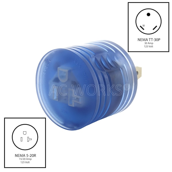 Ac Works RV 30A TT-30P Plug to 5-20R 15/ 20A Household Outlet with Power Indicator - RVTT520